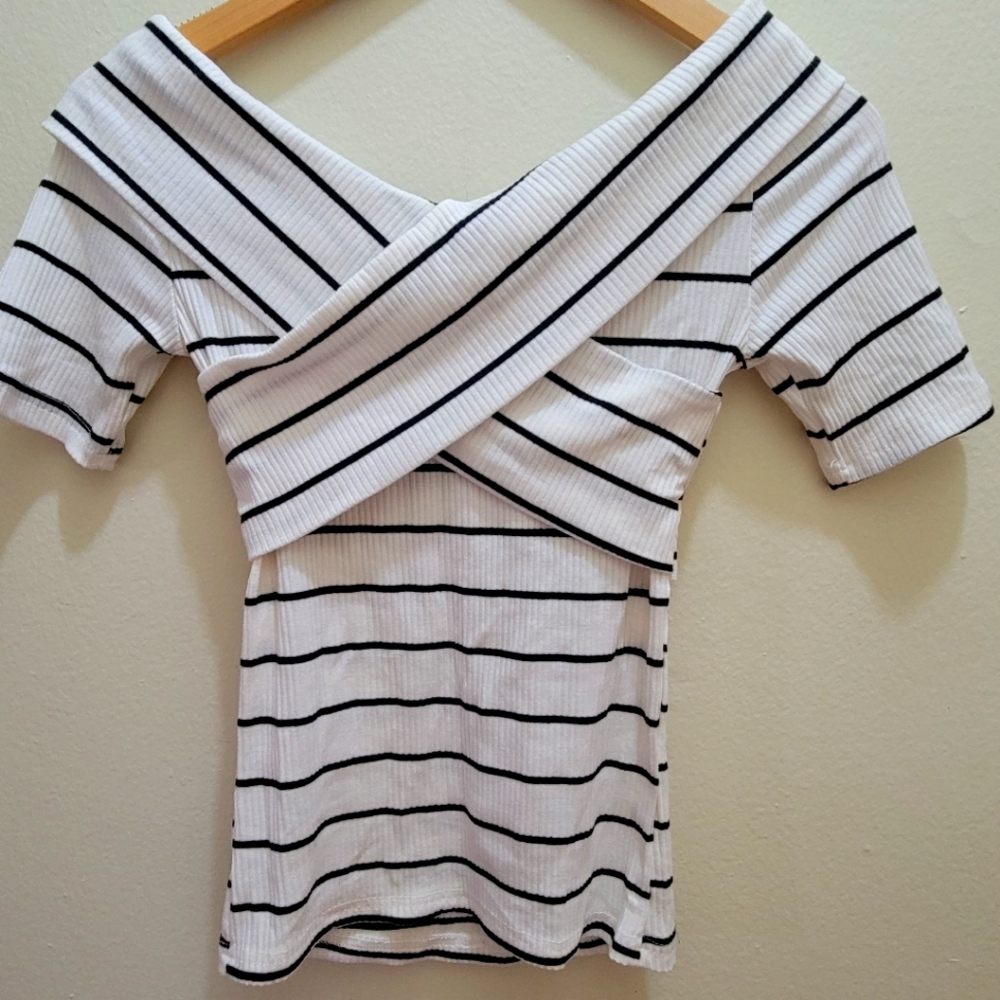SHEIN Crisscross Bardot Striped Ribbed Tee